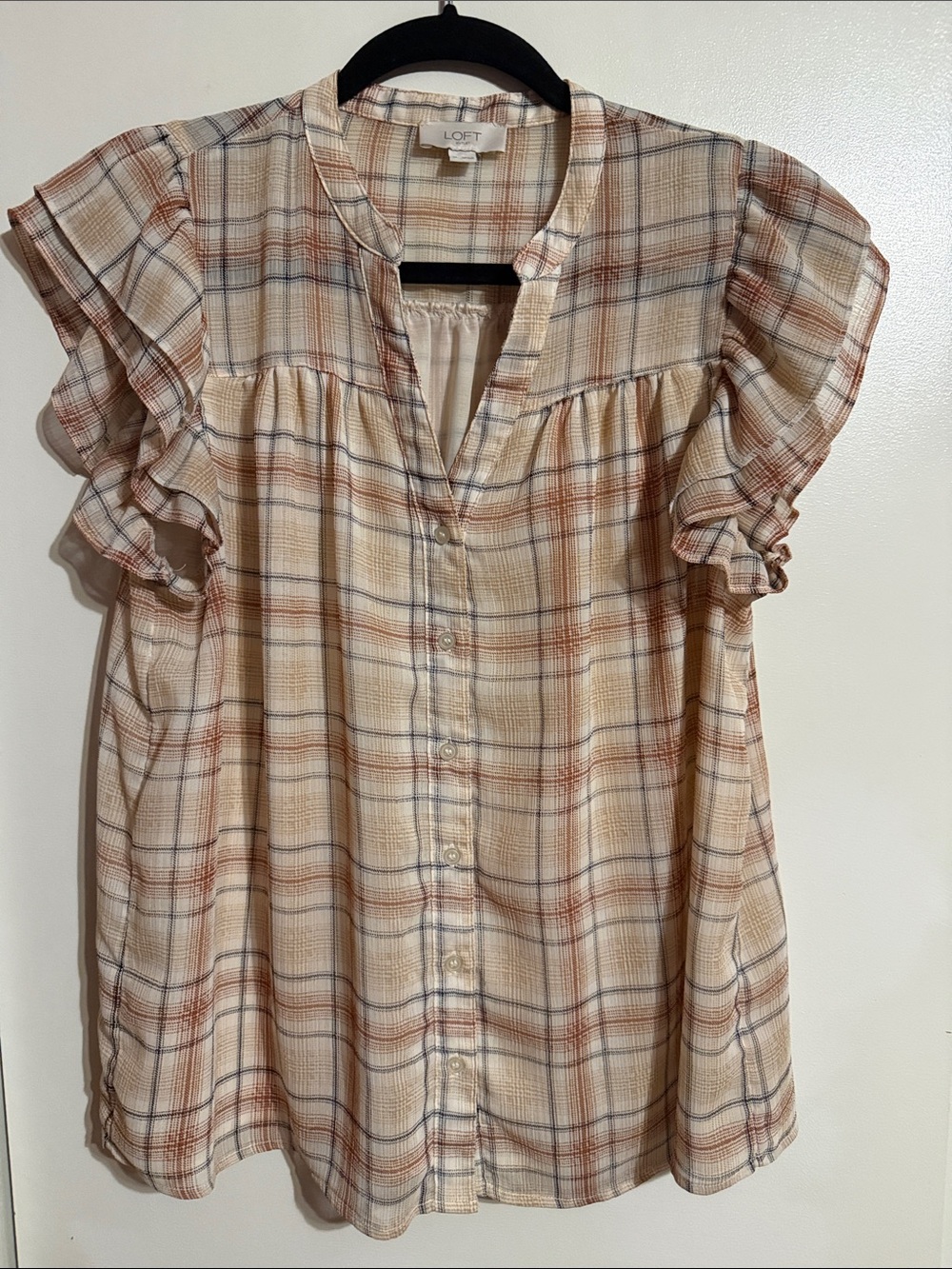 LOFT Cream Plaid Ruffle-Sleeve Button Front Top